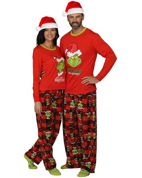 Adult grinch pajamas - Add to Registry. <p>Even the grumpiest of Grinches can get into the Christmas spirit with this very merry pajama set. The set includes an ultra-soft flannel button-up top and elastic waistband bottoms so the whole family can match on Christmas day for cozy,